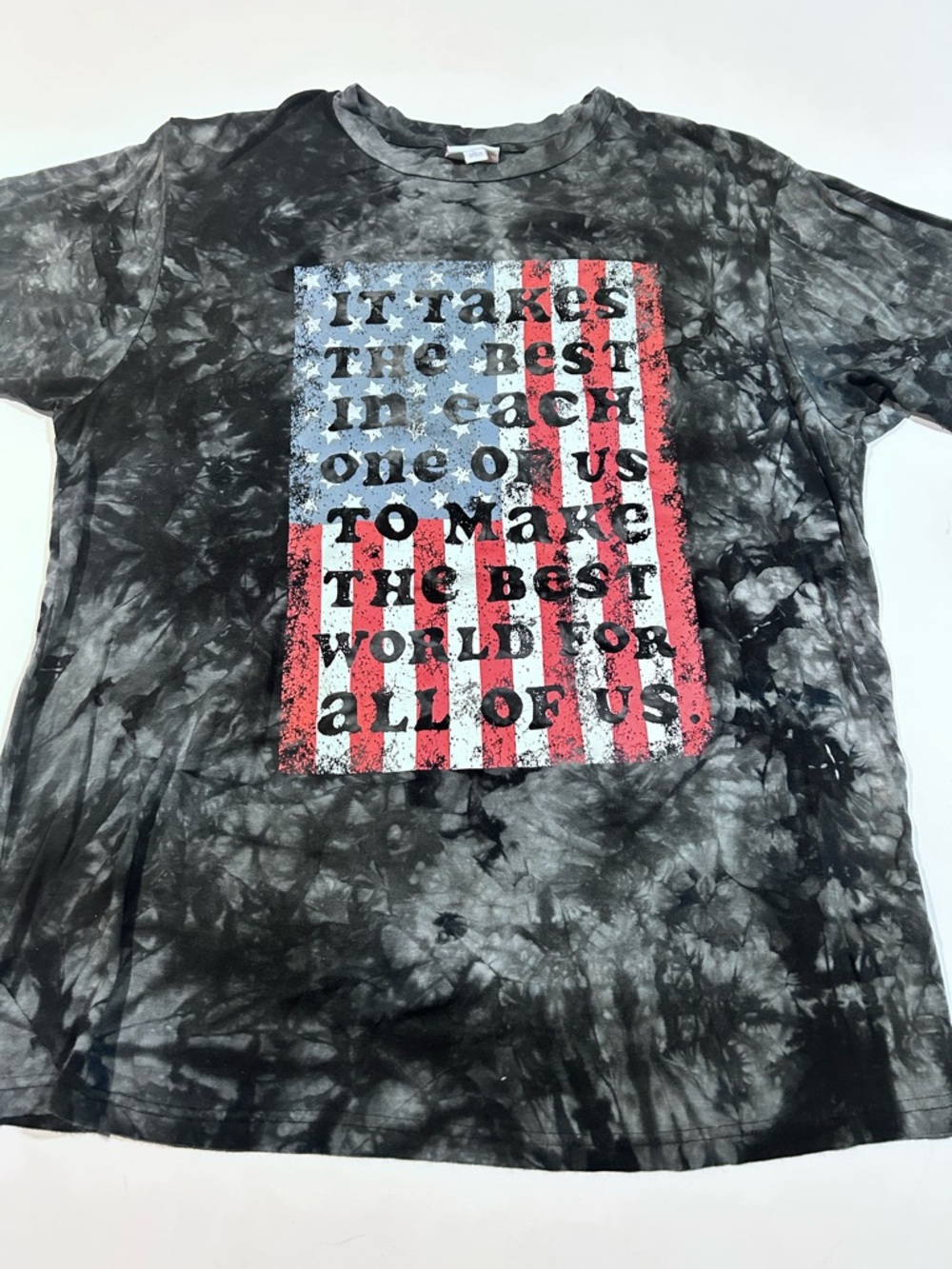LuLaRoe Large Tie-Dye Black Graphic Tee with Flag Print